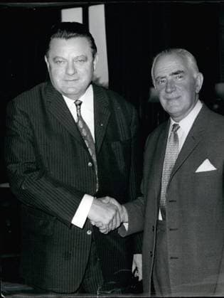 May 05, 1969 - WEST GERMAN FINANCE MINISTER IN LONDON. The West German Finance Minister, Herr Franz Josef Strauss, is in London for talks with Mr. Wilson, Mr. Stewart and Mr. Jenkins. This afternoon he went to the Foreign Office to see Mr. Stewart. Keystone Photo Shows:- Herr Franz Josef Strauss (left) and Mr. Stewart, Britain s Foreign Secretary, shaking hands when they met at the Foreign Office in London today.  - ZUMAk09