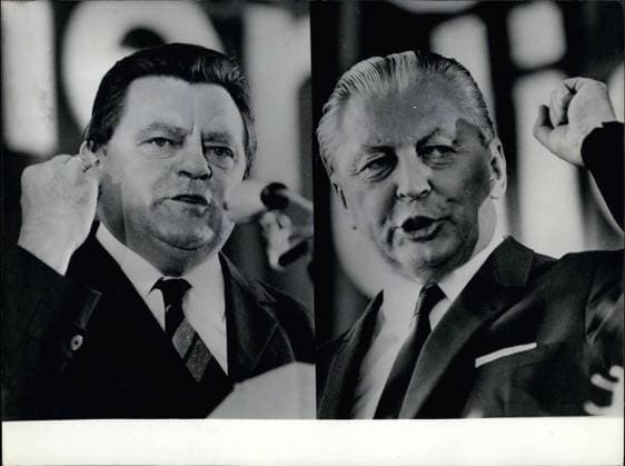 Jul. 16, 1969 - Election in Germany. The German parties began their fight on September 28, 1969. Election meetings are currently occurring in most of the major German cities. In those meetings the top officials of each of the parties, like Chancellor Kiesinger, Finance Minister Franz Josef Strauss, and SPD-chairman Willy Brandt put forth their programs. The NPD is trying this time to be successful in obtaining seats in the Bundestag. The CDU CSU have emerged in the strongest position. Our picture shows a portrait study of Chancellor Kiesinger and Finance Minister Franz Josef Strauss during their election rallies in N?rnberg.  - ZUMAk09