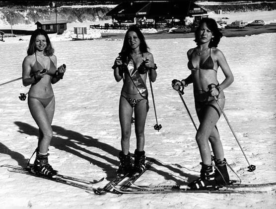 Jan. 01, 1970 - London, England, United Kingdom - File Photo circa: 1960s-1970s. Girls posing in bikini s in the snow, in fashion shows, shoots and on beaches tanning. According to the official version, the modern bikini was invented by French engineer Louis Rekard and fashion designer Jacques Heim in Paris in 1946 and introduced on July 5 at a fashion show at Piscine Molitor in Paris. It was a string bikini with a g-string back. It was named after Bikini Atoll, the site of nuclear weapon tests a few days earlier in the Marshall Islands, on the reasoning that the burst of excitement it would cause would be like the nuclear device. London United Kingdom  - ZUMAk09