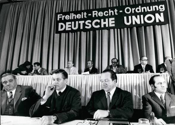 Jun. 06, 1971 - Foundation of the German Union ; recently a new party was founded in Disseldorf (Germany). The German Union which calls itself patriotic center and which consists almost only of former FD members (Free Democrats) intends to collect the liberal national forces of the German people and to stand up for a future constructive policy . Former FDP member Siegfried Zoglmann who gave rise to comment last year by the formation of the National Liberal Action was elected as Chairman. Photo Shows The Presidency (center background Siegfried Zoglmann)  - ZUMAk09