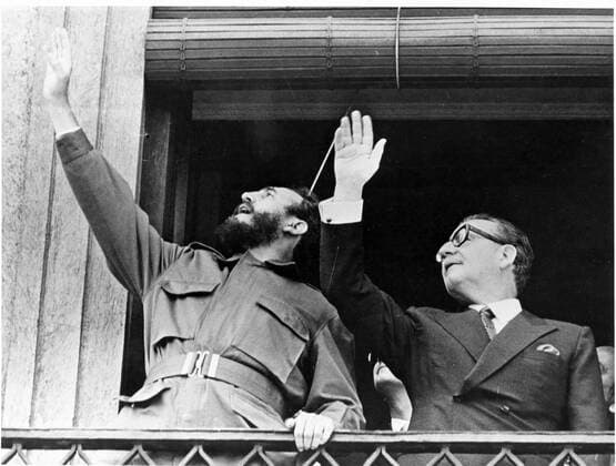 Nov. 9, 1971 - Santiago, Chile - Cuban leader FIDEL CASTRO (L) and Chilean President SALVADOR ALLENDE wave from the balcony, during Castro s visit to Chile.. Santiago Chile  - ZUMAk09