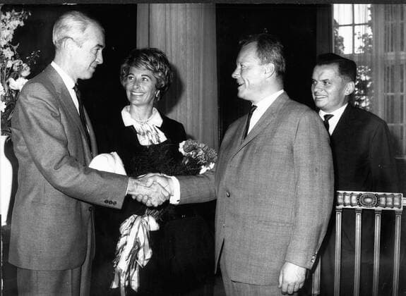 June 25, 1962 - Berlin, Germany - Politician WILLY BRANDT receives actor JAMES STEWART and his wife GLORIA at the XII International Film Festival in Berlin. Also in attendance Dr. ALFRED BAUER. Berlin Germany  - ZUMAk09