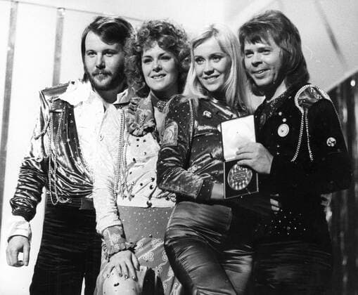 Apr. 7, 1974 - Brighton, U.K. - Sweden won an easy victory at the Eurovision Song Contest at the Dome, Brighton. The winning song, Waterloo sung by the ABBA group two boys and two girls, won with 24 points, second was Italy with 18, and third place was Holland with 15 points. The picture shows the Swedish group ABBA after winning the Eurovision Song Contest in the Dome, Brighton. Brighton UK  - ZUMAk09