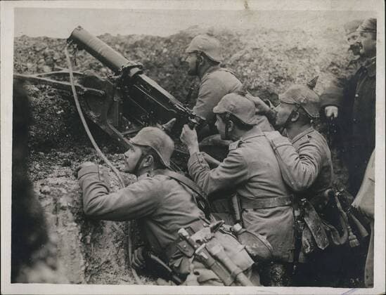 Jan. 1, 1915 - A German machine gun in the trenches near Rheims.  - ZUMAk09