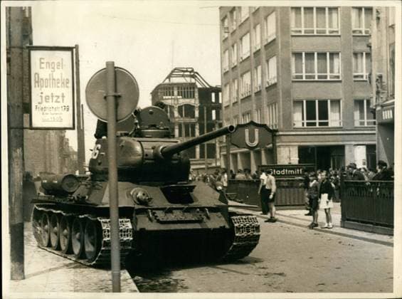 Jun. 06, 1953 - Demonstrations and riots in East Berlin - Soviet Occupation Troops go into action against civilian population.: Heavy demonstrations and street-fights occurred in Berlin when laborers residing in East Berlin revolted against the East German Blood Regime. Trusting that Soviet High Commisioner, Semjonov, would immediately remove the Ulbricht-Grotewohl government, the laborers rose-up and demanded liberty freedom of speech and deactivation of the People s Police . TO the surprise of many demonstrators, the Russian town commander ordered a tank-brigade into the threatened are, in order to maintain public security and to protect the life of Soviet citizens.  - ZUMAk09