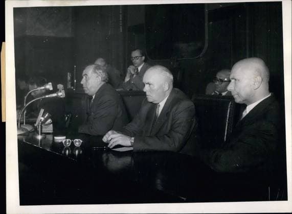 Jun. 20, 1953 - Prof. Reuter comments on the situation in Berlin. In front of 100 domestic and foreign journalists, the mayor of Berlin, Prof. Reuter, spoke of the situation in Berlin. He said that, without the Soviets, the East Zone government would not exist. Our picture shows from left to right: Prof. Reuter, Dr. Vockel, federal agent and minister Jakob Kaiser during the meeting in the Sch?neberg town hall.  - ZUMAk09