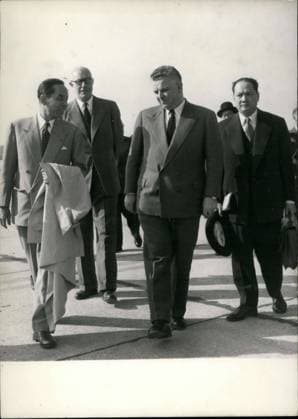 May 10, 1954 - Tep Phan, Minister of Foreign Affairs of the royal government of Cambodia, arrived in Geneva where he will participate in the conference on Indochina. In the picture, Tep Phan, accompanied by Marc Jacquet who came to welcome him, leave the Geneva airport. Mr. Son Sann, an assistant if Tep Phan, is to the right.  - ZUMAk09