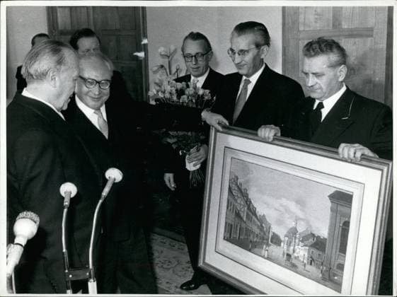 Jan. 01, 1955 - Even the SPD congratulates him... Opposition leader Erich Ollenhauer and representatives of the SPD presented Chancellor Adenauer with a valuable picture in Schaumburg Palace. Sultan The Elephant is Nervous & Unhappy  - ZUMAk09