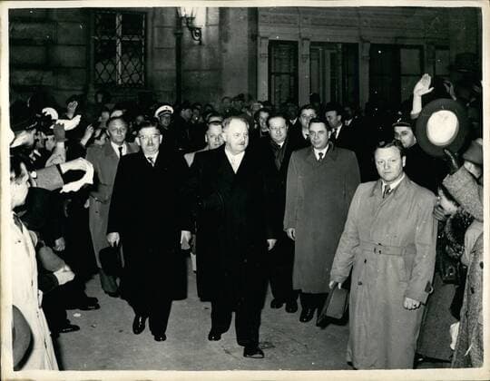 Apr. 04, 1955 - Austrian Chancellor Herr Raab returns home after Moscow conference.: Herr Raab the Austrian Chancellor received a great welcome when he returned to Vienna recently at the end of his conference in Moscow. He said We bring good news and amid the applause he continued We shall be free, and the Austrians still imprisoned in Russia they will be free too . After enumerating the concessions the Russians were prepared to make the Chancellor concluded Our conference in Moscow was a contribution to the peace of the world . Vienna and the whole country are now rejoicing the impending close of the allied occupation for which they have waited with mad disappointments for ten years. Photo shows Herr Raab and members of his delegation acknowledge the cheers of the onlookers on his return to Vienna.  - ZUMAk09