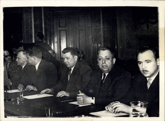May 02, 1955 - Big Four Begin Talks on Austrian Pact. The Big Four talks which may bring freedom to occupied Austria and big changes in Europe opened in Vienna today. The ambassadors of Britain, the United States, France and Russia, began conferences in an effort to reach final agreement on Austria s long delayed peace treaty. The Austrian Foreign Minister, Dr. Leopold Figi, and State Secretary, Herr Kreisky, took part. Keystone Photo shows: Members of the Soviet Delegation at the meeting Kudrjawsew (second from right) and Ilyichev (third from right)  - ZUMAk09
