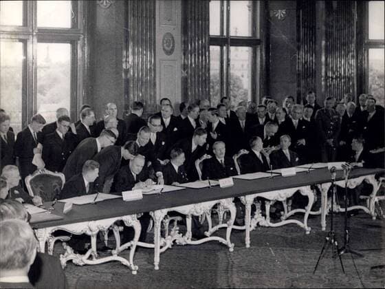 May 15, 1955 - The Austrian State Treaty... today was signed in the Belvedere Castle at Vienna. Our Photo Shows Mr. Molotow signing the treaty.  - ZUMAk09