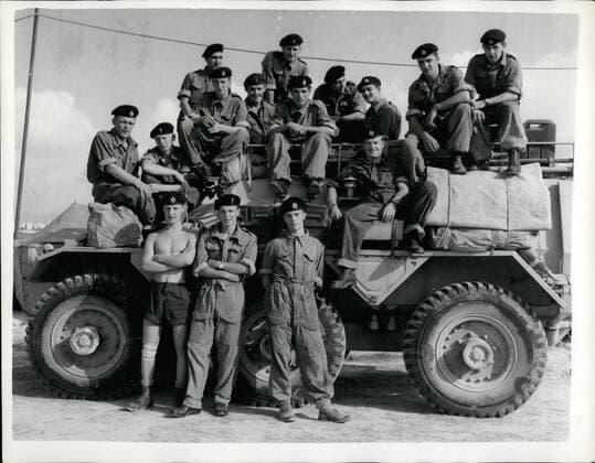 Oct. 10, 1956 - Royal tank regiment men refuse to parade.: Photo shows Men of the Royal tank regiment in Malta who refused to go on parade in protest against bad food in activity etc. They are reservists recalled to their units owing to the Suez Canal Crisis.  - ZUMAk09