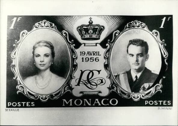Feb. 02, 1956 - Monaco To Issue Wedding Stamp: A special stamp will be issued by the Monaco post on the occasion of the wedding of Prince Rainier and Grace Kelly February 19th. Photo shows a model of the stamp.  - ZUMAk09