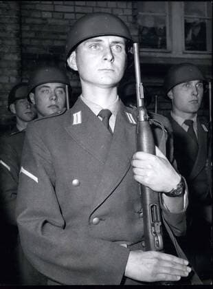 Sep. 23, 1956 - Army Uniform with Traditional Traces. The soldier uniforms from the past are making a comeback in this new test uniform of the German Armed Forces. Various units are trying out the different uniforms. Pictured here is a member of a grenadier unit in one of the uniforms.  - ZUMAk09