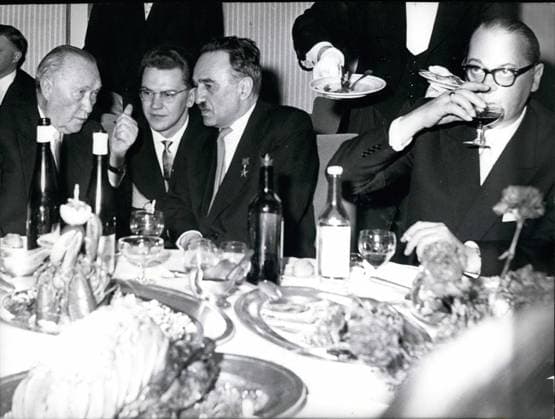 Apr. 04, 1958 - Soviet ambassador andraj Smiron gave a reception for 800 guests occasionally the German - soviet economy contract in the hotel konigshof in Bonn. photo shows f.l.t.r. Bhancellor Dr. Adenauer, an interpreter, vice - president Mikojan and foreign minister Heinrich Von Brentano on the table.  - ZUMAk09