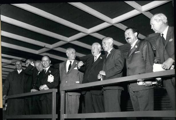 Sep. 09, 1965 - Minister Meeting at the first World Exhibition of Transport and Communications. On invitation of the German Minister of Transport. Dr. Hans Christoph Seebohm (Hans Christoph Seebohm) his colleagues of ten European countries which are all members of the European Conference of the Ministers of Transport visited the exhibition on August 31st. Photo shows f.l.t.r. Bundesrat Willy Spuhler (Willy Spuhler Schweiz), Minister Yves Urbain (Yves Urbain - Belguim), Minister Otto Probst (Otto Probst - Austria), Minister Carlos Gomes da Silva Ribeiro (Carlos Gomes Da Silva Ribeiro - Portugal), Minister Angelo Raffaele Jervolino (Angelo Raffaele Jervolinio), Minister Hans Seebohm (Hans Seebohm - Germany), Minister Tom Fraser (Tom Fraser - Great Britain), Minister Dr. Otto Schedl (Otto Schedl - Bavaria) who greeted the guests in the name of the government and Staatssekretar Posthumus (Po  - ZUMAk09