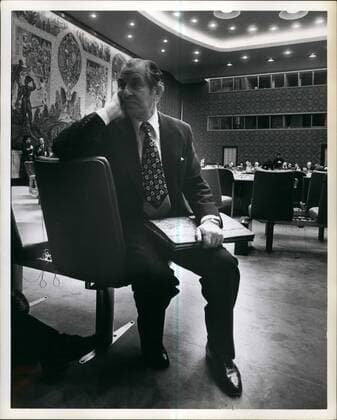 Mar. 03, 1978 - Sunday March 19th, 1978 United Nations. New York City: today the Security Council called for Israel withdrawal from Lebanon and set up a U.N. Force in the area to restore peace the council acted by a vote of 12 in favour to none against two abstentiuons (Czechoslovakia, Soviet Union) and China did not participate, to pass the U.S. introduced resolution. Photo shows.Israeli Ambassador to the U.N. Chaim Herzog waiting for the security council session to begin.  - ZUMAk09