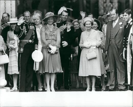 Jul. 07, 1981 - A Royal Se~t-off the for the Happy Couple: The Queen and Prince Phillip with the bride s parents. Earl Spencer and Mrs Frances Shand Kydd, as they and other members of the Royal Family watch Prince Charle s and lady Diana leave for their honeymoon. They are Princess Margaret and her son, Viscount Linley: Princess Anne and her husband Capt Mark Phillips, Prince Andrew the Duke of Kent and the daughter, Lady Helen Windsor and Princess Alice, Duchess of Glucester at Buckingham Palace yesterday.  - ZUMAk09
