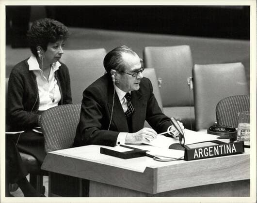 Apr. 01, 1982 - Security Council Meets At United Kingdom s Request To Consider Situation In Falkland (Malvinas) Islands: The Security Council, meeting tonight at the United Kingdom s request, concerning the situation in the Falkland (Malvinas) Islands, heard a statement by Council President Kamanda wa Kamanda (Zaire) calling on Argentina and the United Kingdom to exercise the utmost restraint at this time and in particular to refrain from the use or threat of force in the region and to continue the search for a diplomatic solution . Statements were made by the representatives of the United Kingdom and Argentina. Argentina s UN Ambassador Eduardo A. Roca speaking at the meeting.  - ZUMAk09