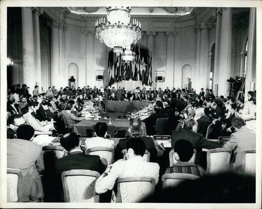 Apr. 04, 1982 - OAS Debates Argentine-Falkland Island Washington D.C.: The Organization id American Stater (OAS) is shown in session a the debate began on the Falkland Islands dispute between Argentina and Great Britain.Ambassador and Foreign Ministers from Latin America and other and bring the fighting to a halt.  - ZUMAk09