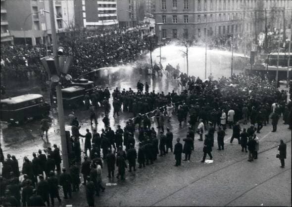 Apr. 12, 1968 - After the attempt to kill Rudi Dutschke-riots in Berlin: Friday afternoon more than 20,000 policeman were needed to control violent student demonstrators. The townhall protected by 2000 policeman was stormed by some 2000 young people, who could be held back only after using heavy watercanons.  - ZUMAk09