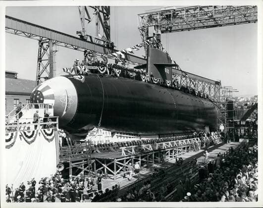 Oct. 10, 1959 - U.S. Navy Launches third Polaris Submarine: The U.S. Navy s third fleet Ballistic Missile Submarine Theodore Roosevelt (SSB) (N) 600) is shown during launched ceremonies at mar island naval shipyard, Vallejo, California, October 3,1959. The Theodore Roosevelt is Designed to fire the Polaris Missile while surfaced or submerged . The Nuclear powered vessel is 380 feet long and has Submerged displacement weight of 6,7000 tons. Mrs. Alice Roosevelt Longworth of Washington, D.C. Daughter of Theodore Roosevelt, Christined the Ship named for her father. She was attended by Mrs. Anina Woods of San Francisco. Official U.S. Navy Photograph release by the Dept. Of Defense Washington D.C.  - ZUMAk09
