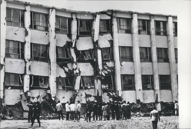 Jan 1, 1960 - Big Earthquakes Rock north Japan. Two Violent earthquakes struck an extensive area in Northern Japan Thursday (May 1), Killing 38 persons, injuring many, and destroying 800 buildings. Fires and tidal waves followed, driving ships on the rocks, and sinking many fishing boats. It was the worst earth quake since the Good Friday earthquake in Alaska in 1964. The northern Hapan earthquake registered 7.8 on the Richter scale, just short of the 7.9 which leveled Tokyo and Yokohama in 1923 killing 100.000 people. Photo shows Dramatic evidence of the Strength of the earthquake is shown in the cracked centre of the four - story ferroconcrete building of Hakodate university in Hokkaido, after the ground floor collapsed Injuring four persons. The university built in 1965 cost 130 million yen ($ 361.400)  - ZUMAk09