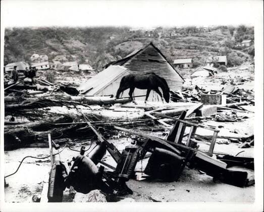 Jun. 04, 1960 - Thousands Die In Earthquakes. Workers And Salvaged Belongings In corral: It is estimated that more than three thousand people lost their lives in the series of earthquakes which wrecked vast areas of Chile.. The earthquakes brought tidal waves and many volcanoes burst into eruption. Photo shows: Wreckage in a town - the other side of Valdivia - this town was practically wiped out.  - ZUMAk09