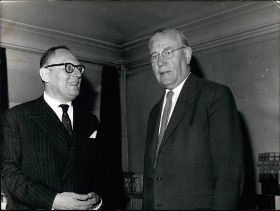 Jun. 06, 1961 - Possible Adenauer Successor arrives in Paris: Heinrivh Krone, Co-Founder of Dr. Adenauer s party after the war who is considered as the possible successor of the aged chancellor, arrived in Paris last night. Mr. Krone began his career as a young catholic politician and delivered speeches against Hitler s attempted putsch in Munich in 1923. Heinrich Krone (left) pictured with M. Maurice Schumann, chairman of the Foreign affairs committee at the National Assembly, this morning.  - ZUMAk09