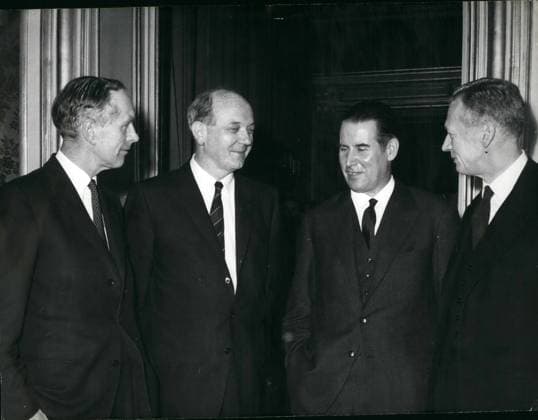 Dec. 12, 1961 - Paris Conference: Allied Foreign Ministers Discuss Berlin: The Foreign Ministers Of he Four Allied Powers Held Their First Conference At Quai D Orsay, Paris, To-Day. From Left To Right: British Foreign Secretary Lord Home, US Secretary Of State Dean Rusk, The New German Foreign Minister Gerhard Schroeder And Foreign Minister Couve De Murville Of France.  - ZUMAk09