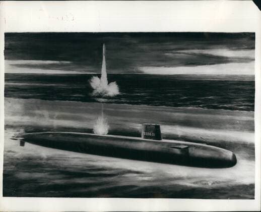 Feb. 02, 1963 - Artists drawing of Issued by British Information Services: Britain s first Polaris Submarine. An artist s impression of a United Kingdom Polaris submarines. It is intended to order initially four or five of these 7,000 ton submarines. Each will carry 16 Polaris missiles and it is planned that the first will be on patrol in 1968. Their hulls and reactors will be of British design.  - ZUMAk09