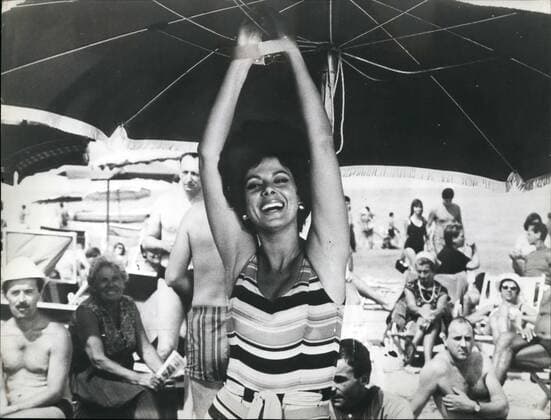 Oct. 10, 1965 - Rome, October 1965 - The big parasol is the title of the film that Sandra Milo turns in the Adriatic riviera. The film recounts the story of a marriage in crisis after seven years. Tart~~~ of Sandra Milo, are E.M. Salerno and Jean Sorel. Sandra Milo in a scene of the film, under the big parasol that gives the title to the film.  - ZUMAk09