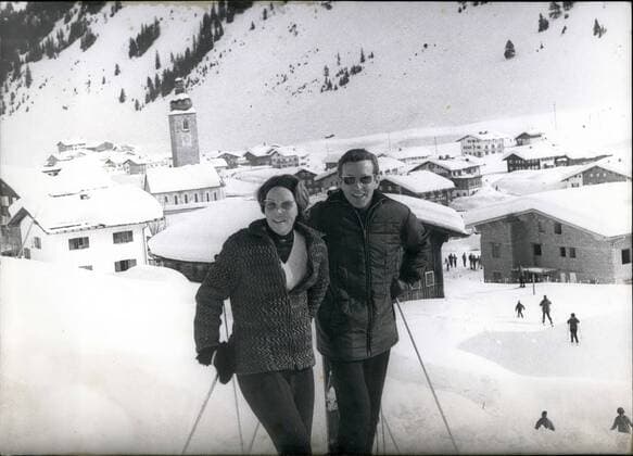 Feb. 02, 1966 - Crown Princess Beatrix In Austria: Photo Shows Crown Princess Beatrix of the Netherlands, and hes fiance, Claus Von Amsberg, pictured out ski-ing on the slopes above Leeh (in background), Austria.  - ZUMAk09