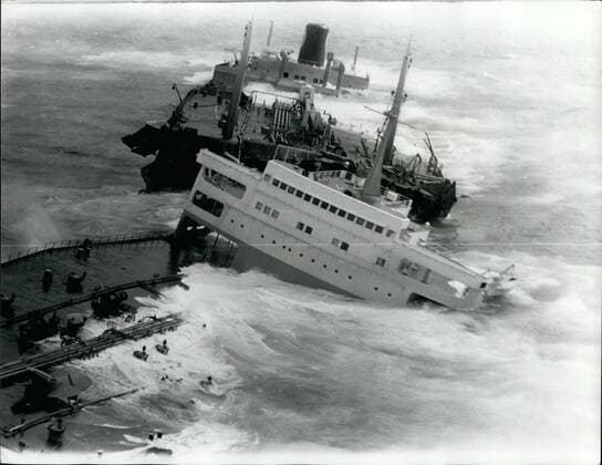 Mar. 03, 1967 - Gale pounds the Torrey Canyon: The wrecked oil tanker Torrey Canyon being broken by the pounding sea, as she lays on Seven stones reef, off Land s end yesterday morning.  - ZUMAk09