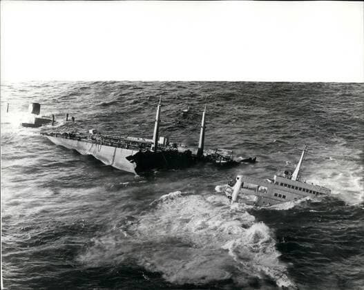 Mar. 03, 1967 - Gale Pounds The Torrey Canyon. Photo Shows:- The wrecked tanker Torrey Canyon being broken up as the gales pound her, as she is held fast on Seven Stones reef, off Land s End.  - ZUMAk09