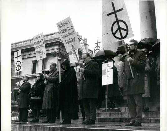 Nov. 11, 1967 - CHRISTIAN CAMPAIGN FOR NUCLEAR DISARMAMENT STAGE SILENT PRAYER VIGIL. The Christian Group for Nuclear Disarmament today held a silent prayer vigil on the steps of St. Martins-in-the-Field as part of the CND S demonstration against the launching of Britain s thrid Polaris submarine REPULSE at Barrow-in Furness, today. PHOTO SHOWS: The scene on the steps of St. Martins-in-the-Fields during the silent prayer vigil. Seen in centre wearing hood in REV. BILL SARGENT, of Dalston, and next to him is Rev. PETER JENKINS (Secretary of the Fellowship of Reconciliation)  - ZUMAk09