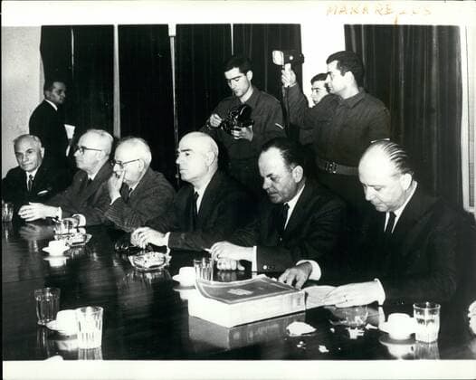 Dec. 12, 1967 - The Greek Junta Seeks King Constantine s return to Greece : The Greek military Junta believed to be making desperate efforts to persuade King Constantine to return from Rome, where he fled after his attempted coup collapsed. Photo Shows The new Greek Government holds its first session. They are (R to L) Col. Makarezos, Co-Ordination Minister, Col. Papadopoulos, the new Prime Minister, Brig. Patakos, Vice-Premier and Minister od Interior, Mr. Kalabokias, Minister of Justice, Mr. Lizardos, Finance vice-Minister, and Mr. Labiris, Vice-Minister of Social Welfare.  - ZUMAk09