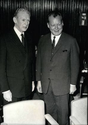 Dec. 19, 1967 - Here are Maurice Couve de Murville and Willy Brandt at the Congress of Brussels.  - ZUMAk09