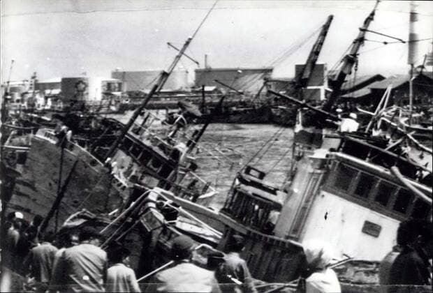 May 17, 1968 - Big Earthquakes Rock North Japan: Two violent earthquakes struck an extensive area in Northern Japan on Thursday May 17, 1968, killing 38 people, injuring many, and destroying 800 buildings. Fires and tidal waves followed driving ships on the rocks, and sinking many fishing boats. It was the worst earthquake since the Good Friday earthquake in Alaska in 1964. The Northern Japan earthquake registered 7.8 on the Richter scale, just short of the 7.9 which leveled Tokyo and Yokohama in 1923 killing 100,000 people. Fishing boats list after being driven ashore by tidal waves caused by the earthquakes.  - ZUMAk09