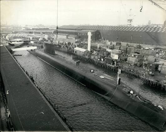 Nov. 11, 1968 - Commissioning ceremony of H.M.S. Renown.: The commissioning ceremony of H.M.S. Renown, the nuclear-powered Polaris submarine, took place today at the Birkenhead shipyard of Cammell Laird and Co (Shiplbuilding and Engineers) Ltd. By the middle of 1969 she will join HMS Resolution and HMS Repulse in the operational Polaris force. The first of the Polaris submarines to be built at Cammell Laird s, HMS Renown was launched in February 1967. Photo shows general view during the Commissioning ceremony at the Birkenhead shipyard of Cammell Laird s today.  - ZUMAk09