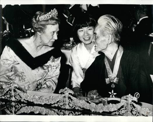 Dec. 12, 1968 - Swedish Royal Family Attends a Dinner for Nobel Prize Winner in Stockholm. Five American scientist and a Japanese author received their Nobel prizes from King Gustav Adolf od Sweden, at a glittering ceremony in Stockholm. Following the ceremony the Swedish Royal Family attend a dinner to the laureates given by the Nobel Foundation in the City Hall in Stockholm. Photo shows Princess Margareta of Denmark with the aid of an interpreter (center) has a conversation with Nobel Prize winner, Japanese author, Yasunari Kawabata, during the dinner.  - ZUMAk09