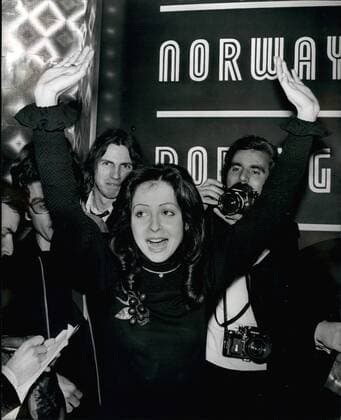 Mar. 03, 1972 - Vicky wins the eurovision song contest for Luxemberg: Vicky Leandros, a Greek born brunette living in Hamburg, but signing for Luxemburg, won the 1972 Eurovision Song Contest at Edinburgh last night. Photo shows Vicky Leandros raises her arms in triumph after she had won the Eurovision Song Contest for Luxemberg in Edinburgh last night.  - ZUMAk09