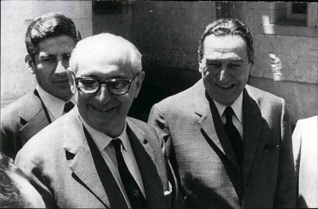 Dec. 12, 1972 - EX PRESIDENTS OF ARGENTINA. Ex President Juan Domingo Peron invited his overthrowned. comrades all ex-Presidents of Argentina to chat on the forthcoming political route this country will take. -Among thos Presidents was the first who appeared, Dr. Arturo Frondizi-in the picture-when leaving with Peron after a 2 hours interview. - Not all ex-Presidents wanted to see Peron.  - ZUMAk09