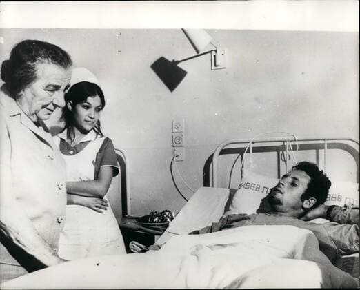 Oct. 10, 1973 - The War In The Middle East. Israel Premier Visits Wounded. Mrs. Golda Meir, the Israel Prime Minister, pictured when visiting wounded Israeli troops in hospital.  - ZUMAk09