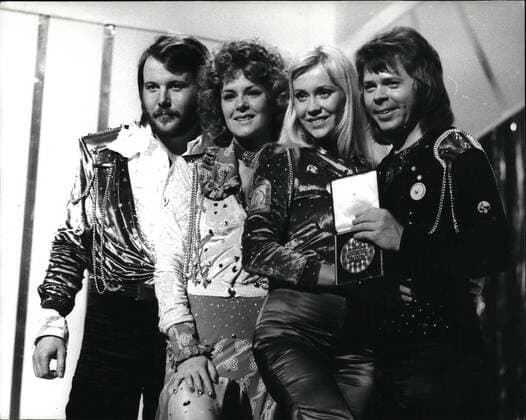 Apr. 04, 1974 - Sweden win the Eurovision song contest at Brighton: Sweden Song Contest at the Dome, Brighton. The winning song, Waterloo sung by the Abba Group - two boys and two girls won with 15 points second, was Italy with 18, and third was Holland with 15 points. Photo shows The Swedish Group ABBA after winning the Eurovision Song Contest in the Dome, Brighton last night.  - ZUMAk09