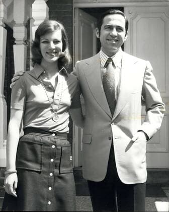 Jul. 25, 1974 - Ex King Constantine of Greece and his wifre at Chobham: Ex-King Constantine of Greece who is in exile with his family in Britain, meet members of the press today at his country home at Chobham, in Surrey. Photo shows King Constantine with his wife and Queen Ann Marie outside there home at Chobham, Surrey today.  - ZUMAk09