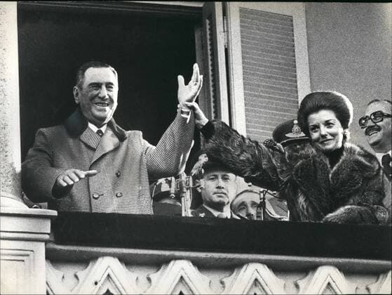 Oct. 10, 1974 - Peron and wife - the last picture of Peron and wife.: This picture was taken at a balcony of the Casa Rosada at Plaza (Illegible) and shows the sad looking wife of former President Peron, (Illegible) President Mari Estela Martinez de Peron holding the (Illegible) President Juan Domingo Peron on occasion of the last (Illegible) the Peronists june 13rd, 1974.  - ZUMAk09