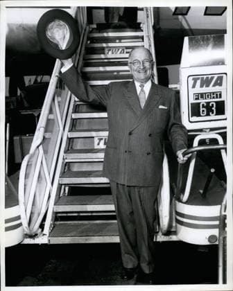 Feb. 24, 2012 - Former president Harry S. Truman Boards a TWA eight her today for Kansas city, where tomorrow he will dedicate a shopping center in grand view, no. known as Truman s corners.  - ZUMAk09