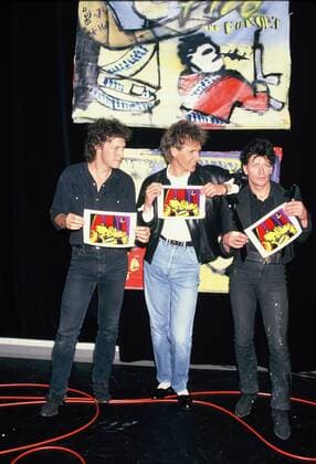 Wolfgang Niedecken, l-r, Alan Bangs und Herman Brood posieren bei Rock T.L. im Jahre 1988 in Köln.