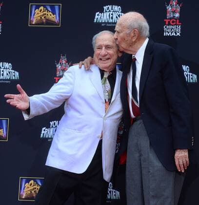 Writer director actor Mel Brooks (L) and director Carl Reiner pose following Brooks hands & footprints ceremony in the forecourt of the TCL Chinese Theatre (formerly Grauman s), in the Hollywood section of Los Angeles on September 8, 2014.  LAP2014090829